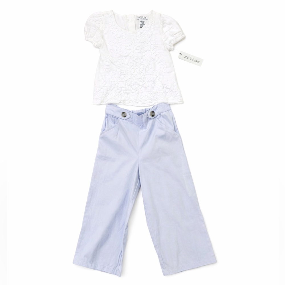 Rachel Zoe Girls Size 4 Outfit White Embroidered Top & Blue Wide Leg Pants EUC